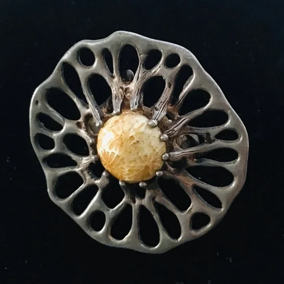 Vintage mid Century Modern Brutalist Fossil Stone Ring - Picture 14 of 14